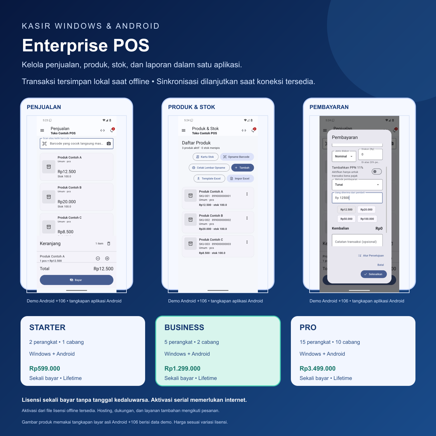 Tampilan Enterprise POS dengan data demo: penjualan, produk, dan pembayaran.